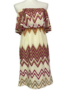 Judith March Chevron Strapless Dress Y2K Zigzag Ruffle Boho Mini Medium